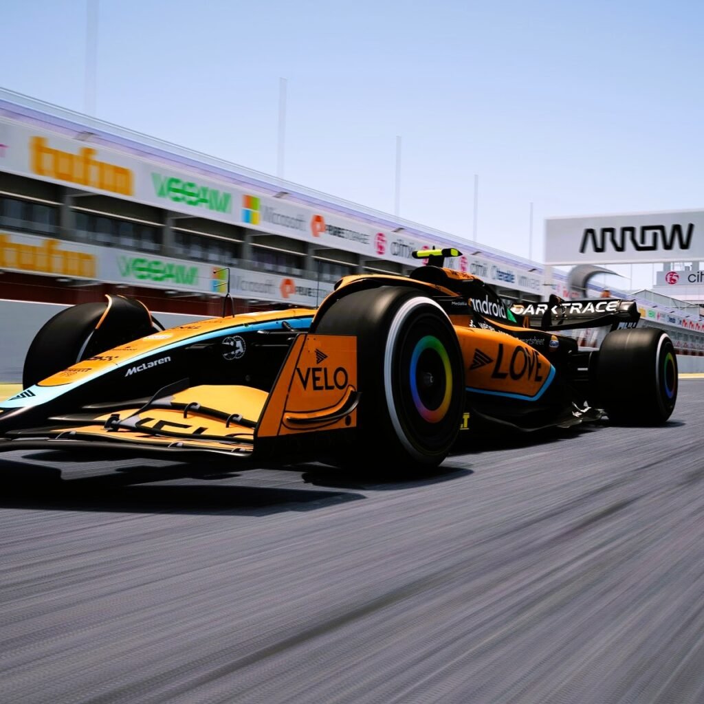 F1 branded virtual car with, Arrow and Microsoft sponsors RoarFun branding.