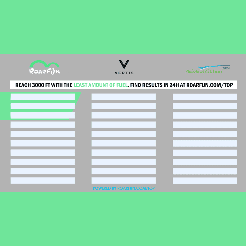 Sustainable competition table with roarfin flight simulator at heathrow london aviation carbon event.