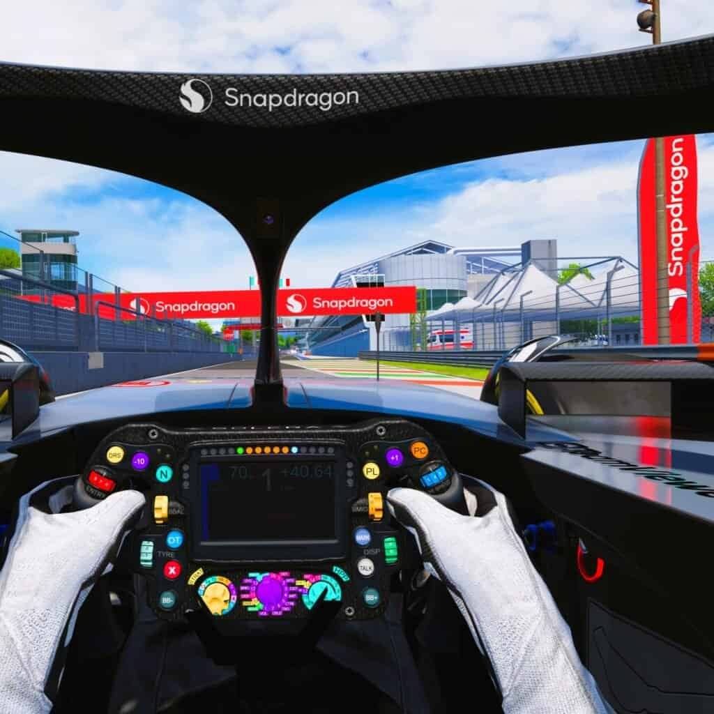 RoarFun X Snapdragon brand activation for Snapdragon Summit By Qualcomm event integrated design virtual branding on a track cockpit view.