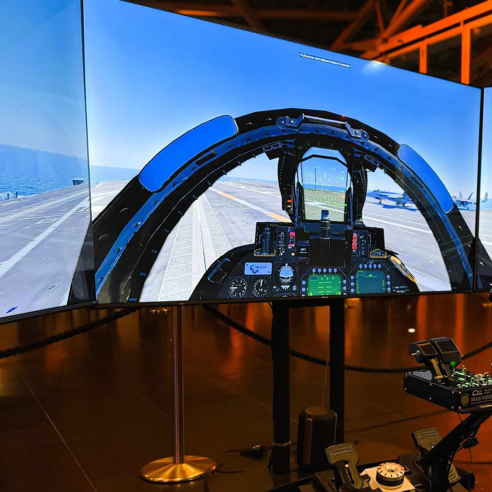 A detailed view of a fighter jet cockpit in a bespoke simulator in a Red Bull Hangar 7 event.