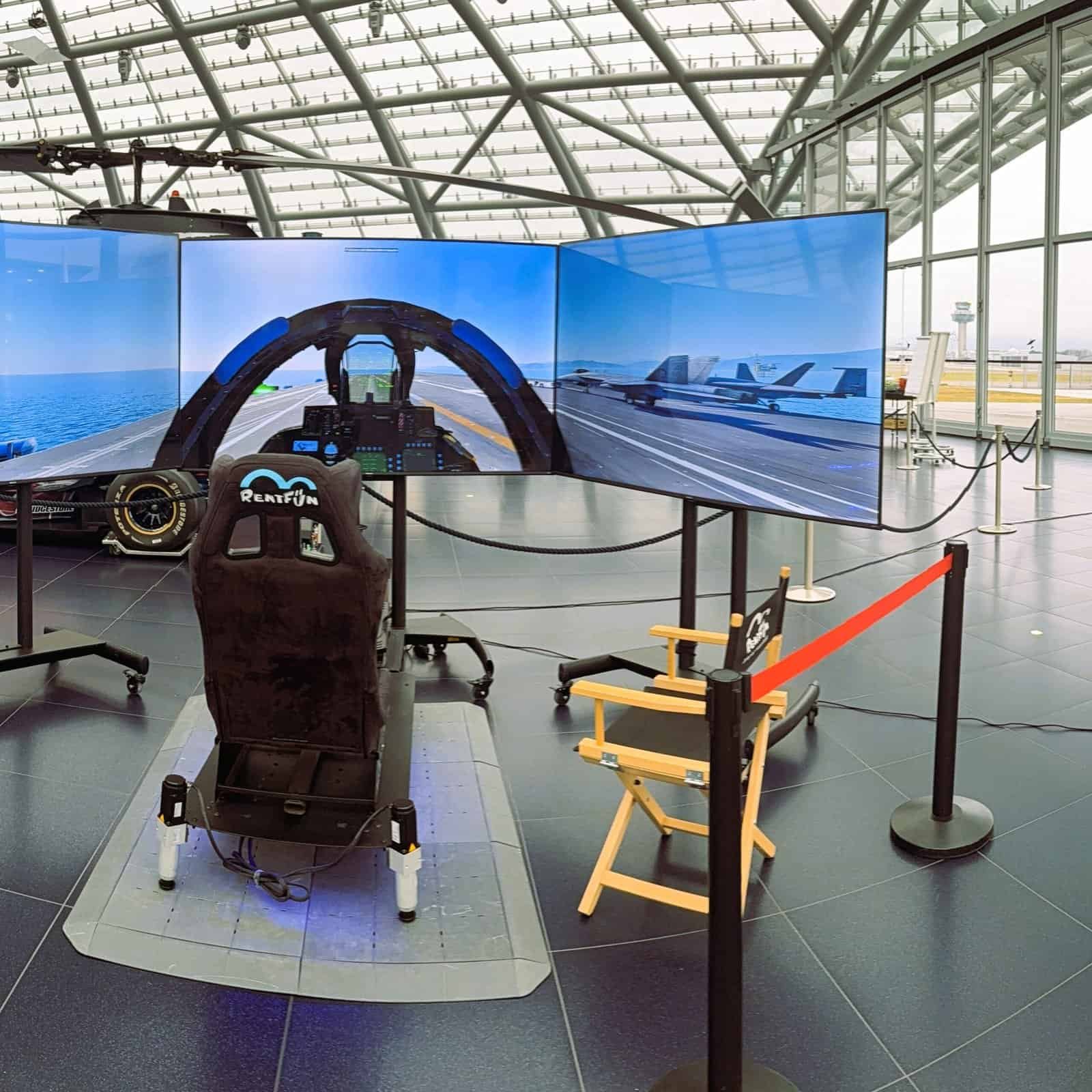 A close look into a virtual fighter jet cockpit of a simulator for people to enjoy flying in Salzburg.