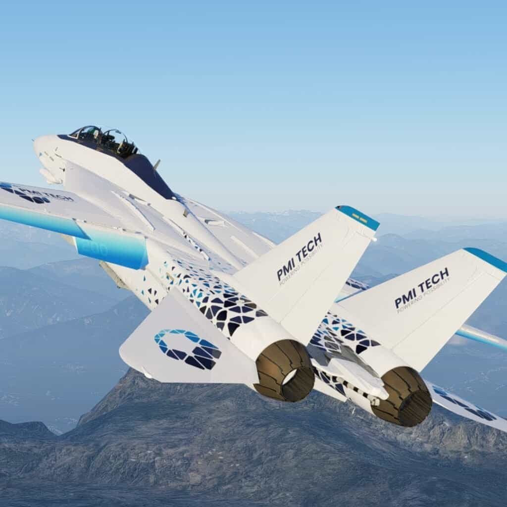 A detailed view of a branded virtual fighter jet circling around a mountain.